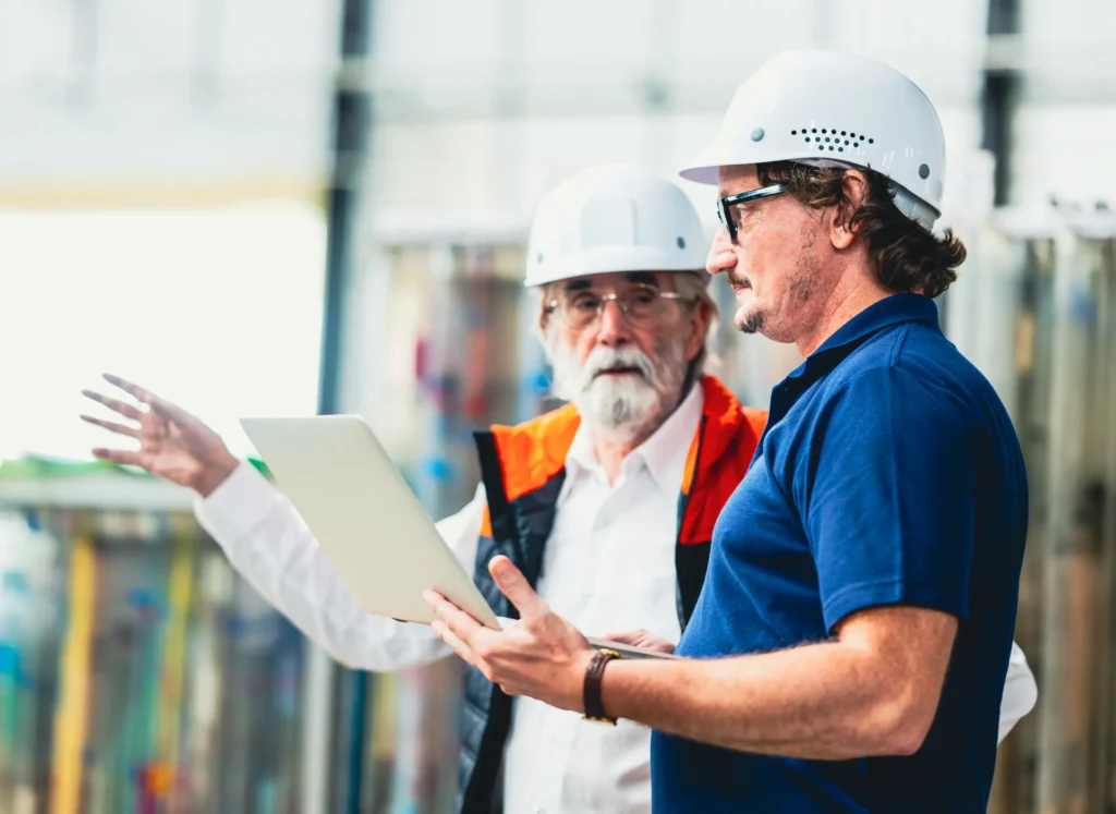 Two men with construction hats on reviewing a site