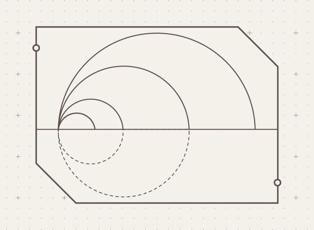 Geometric diagram of nested circles forming a spiral inside a rectangular frame with a diagonal corner cut; a horizontal midline divides the shape.