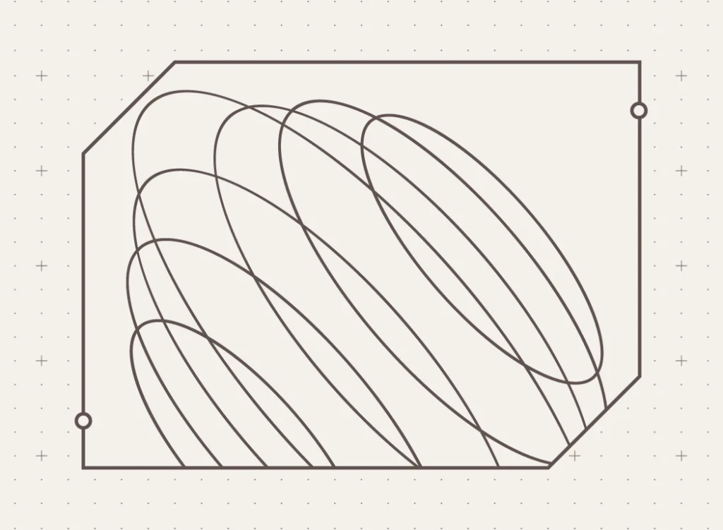 Abstract line art of intersecting loops inside a bordered, rectangular frame on a dotted background.