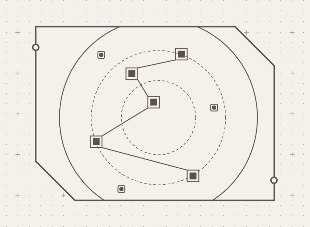 Abstract network diagram: five square nodes connected by lines inside a circular radar within an octagonal frame